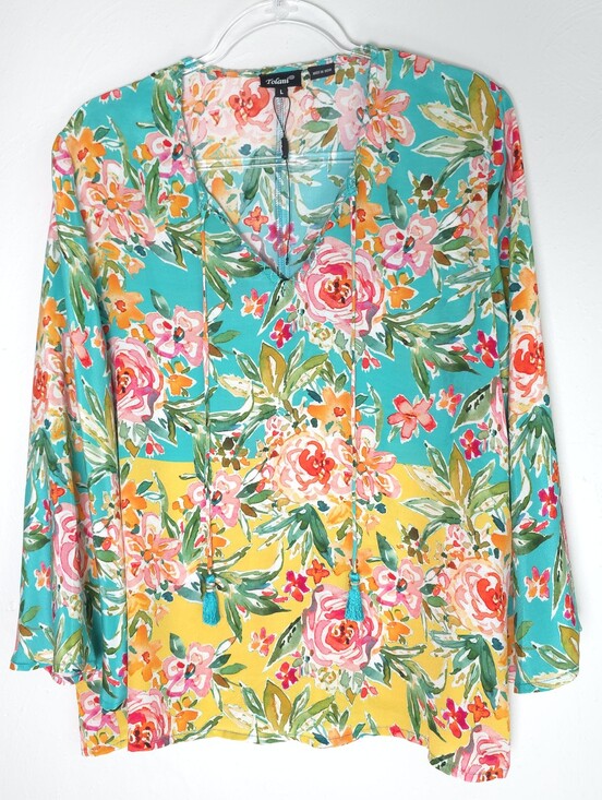 Feathers By Tolani Tops - Tolani 100% Silk Blue/Yellow Floral Tassle Long Sleeve Size L